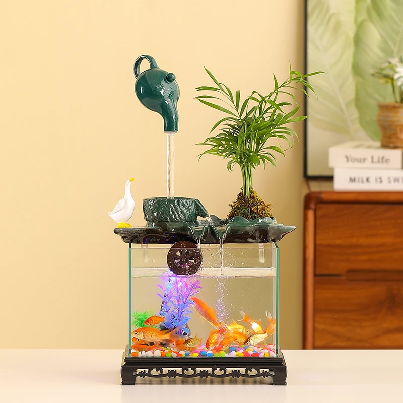 时来运转创意悬壶流水器桌面景观开业礼鱼缸客厅摆件办公室品陶瓷