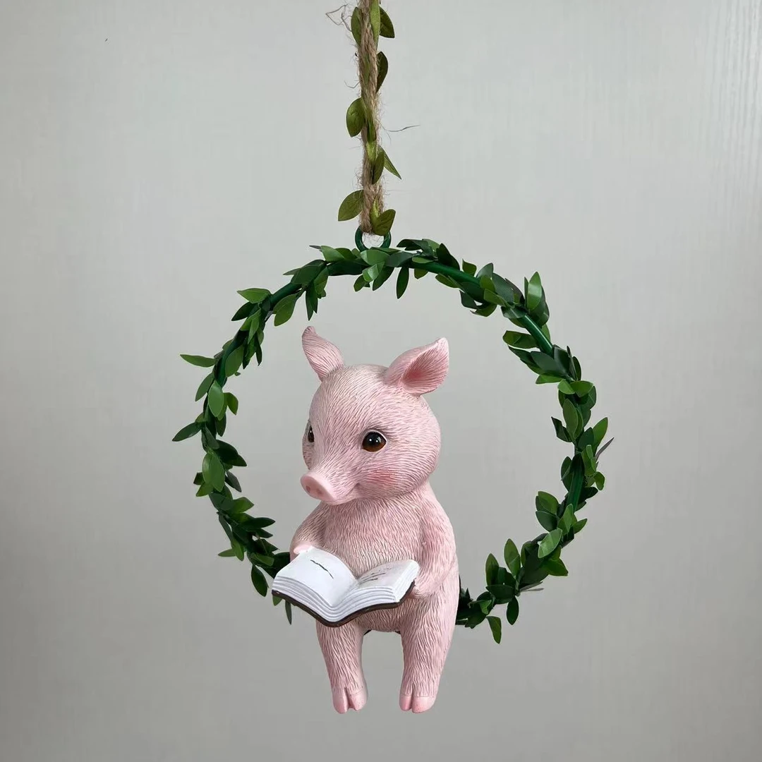 史克森小猪吊环荡秋千创意摆件花园阳台树上装饰网红挂件挂墙