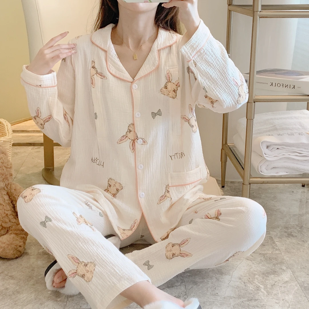 月子服套装春秋冬季泡泡纱长袖家居服纯棉棉纱宽松