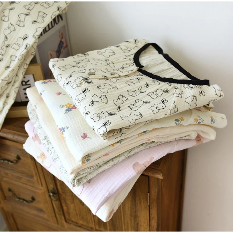 会呼吸的棉~圆领套装春秋冬季泡泡纱长袖家居服纯棉棉纱宽松