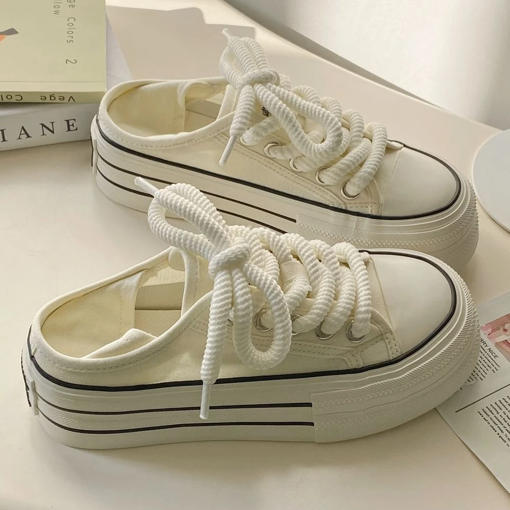 白厚底帆布鞋女2025年新款科二夏季女鞋透气半拖一脚蹬女款小白鞋