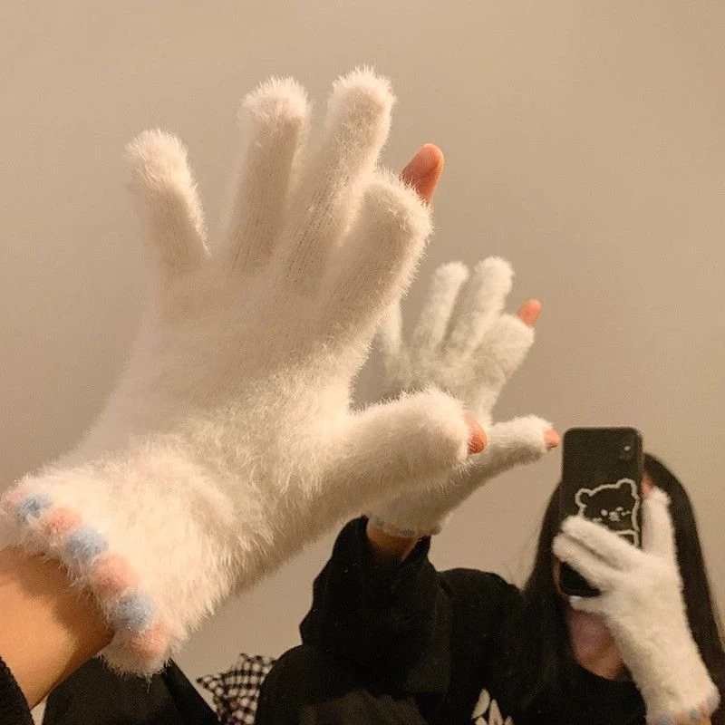 可爱糖豆露指冬季保暖加绒加厚触屏毛绒五指手套女士骑行骑车学生