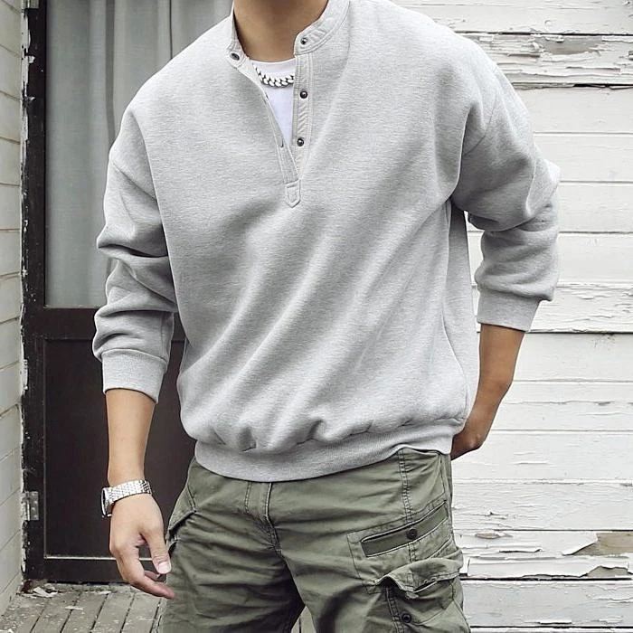 300斤特大码秋冬款男装亨利领门襟保暖时尚休闲圆领套头衫卫衣男