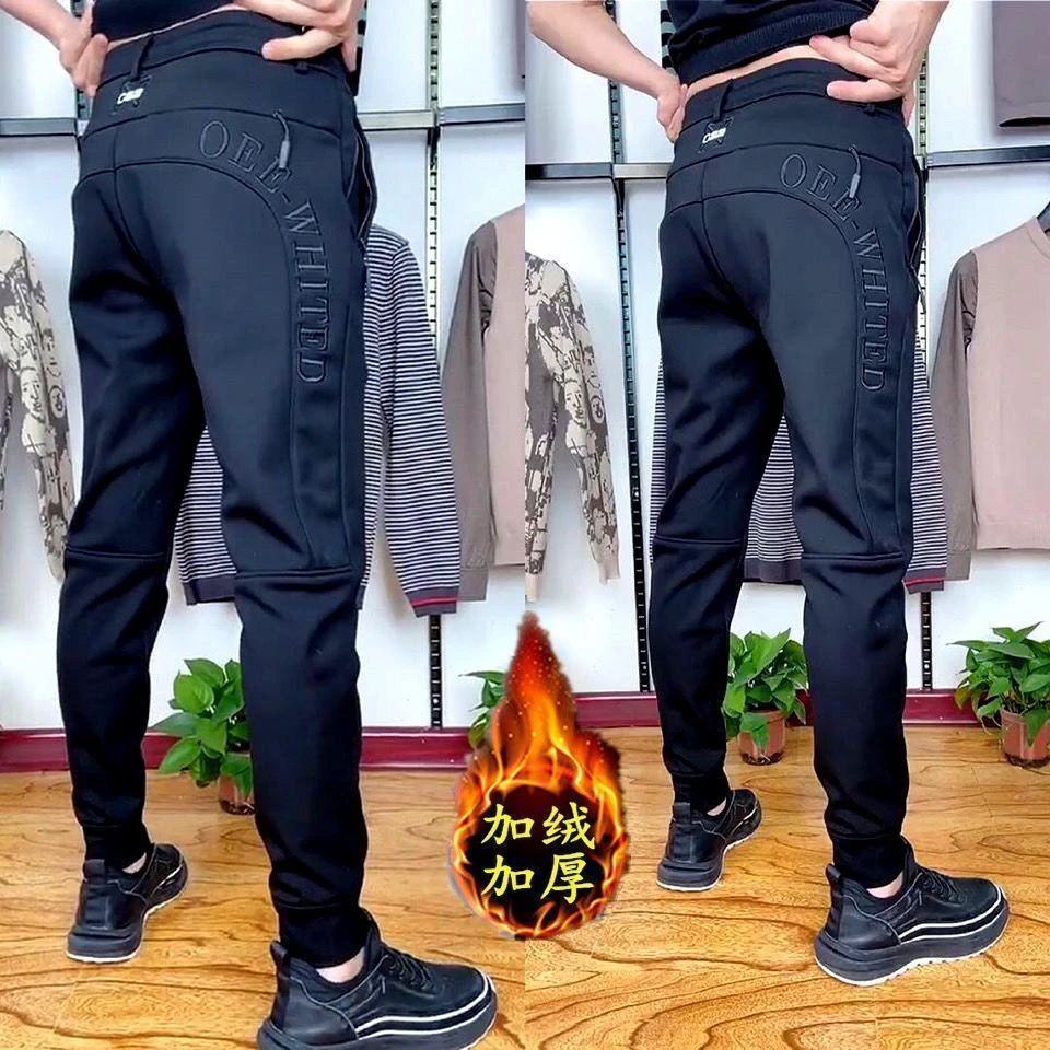 男士裤子秋冬款百搭运动刺绣休闲裤修身黑色弹力裤子柔软加绒裤子