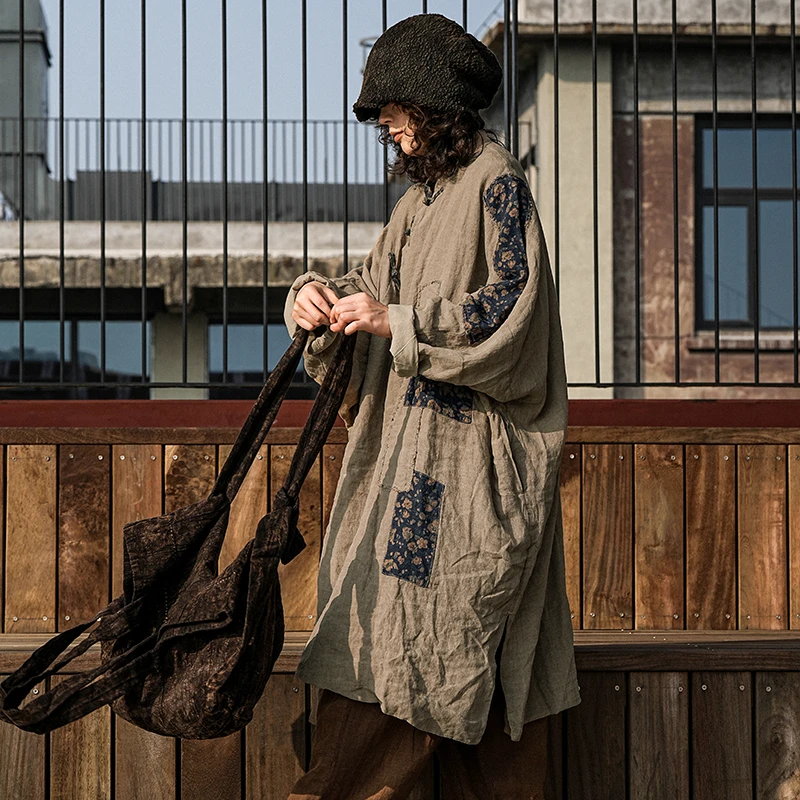 麻依者24冬款双层亚麻拼接植物染印花盘扣袍子#M-034