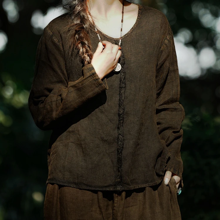麻依者2024春秋亚麻植物染斑驳感V领套头衫复古中国风休闲衬衫955