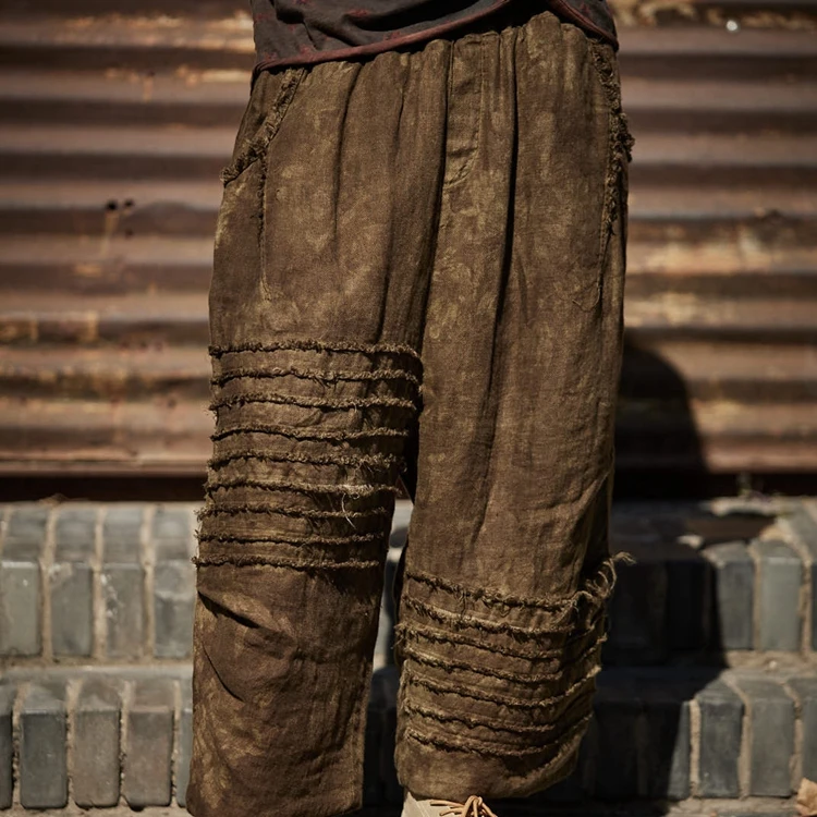 麻依者24冬季亚麻双层夹棉加厚棉裤1177复古直筒休闲文艺做旧