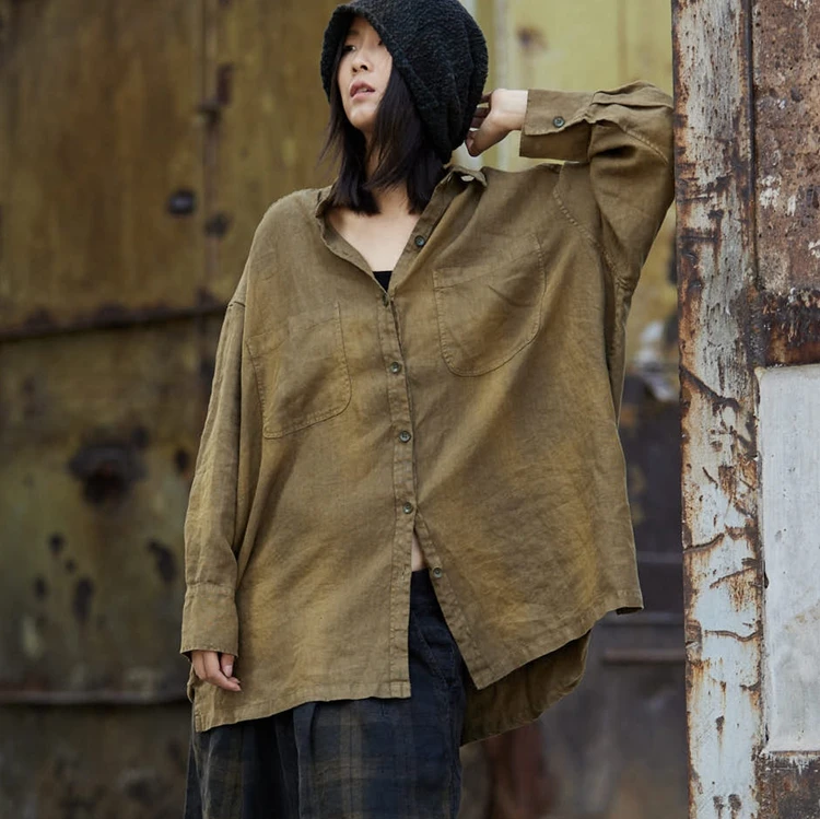 麻依者2023秋冬季单层亚麻植物染衬衣圆领复古风外套1144百搭做旧