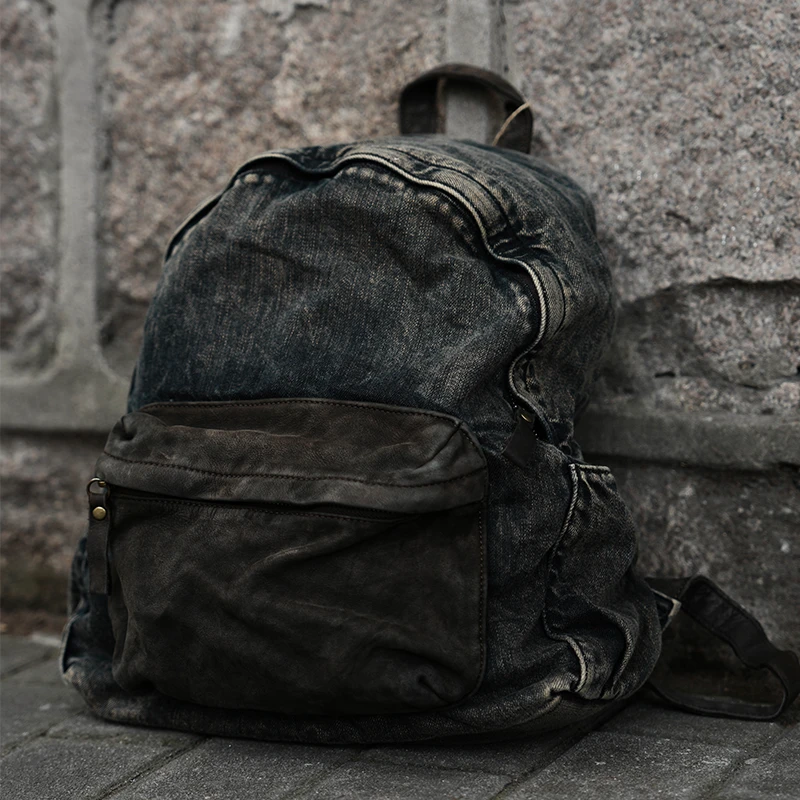 疯子张25冬款休闲百搭植物染做旧牛仔配牛皮便携双肩包9952