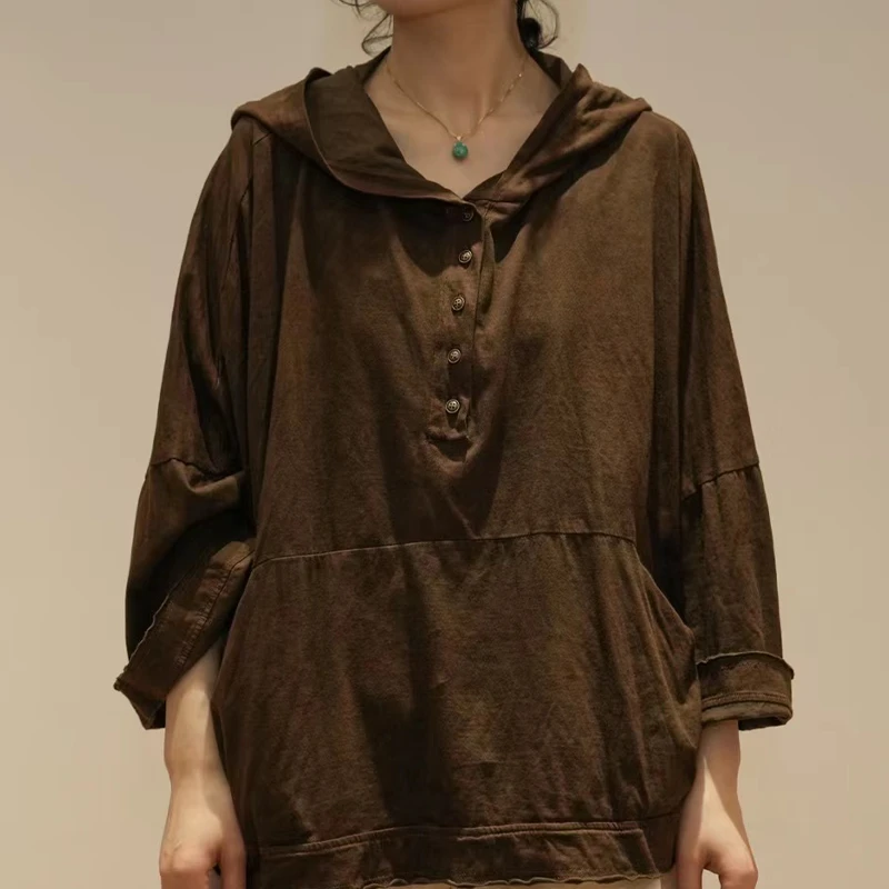 疯子张24春季领口不规则复古棉连帽外套针织帽衫宽松T#08243