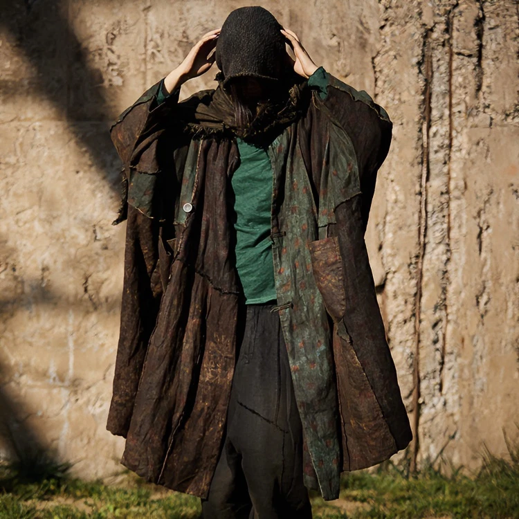 麻依者24亚麻夹棉加厚拼接棉衣印花撞色盘扣大口袋宽松袍子#1172