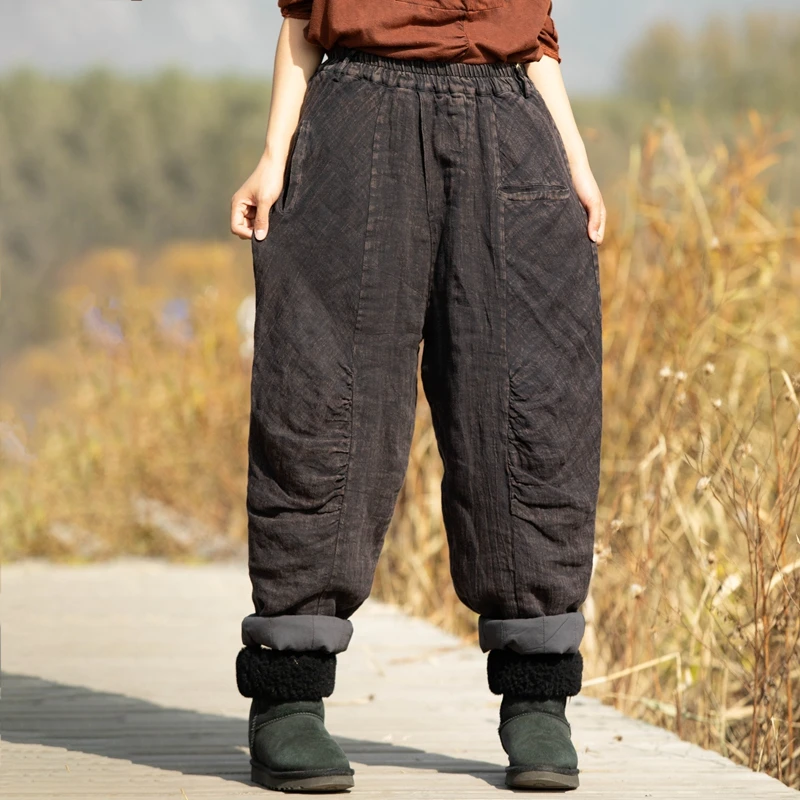 麻依者24冬季亚麻褶皱不规则夹棉加厚大棉裤松紧腰做旧休闲裤919