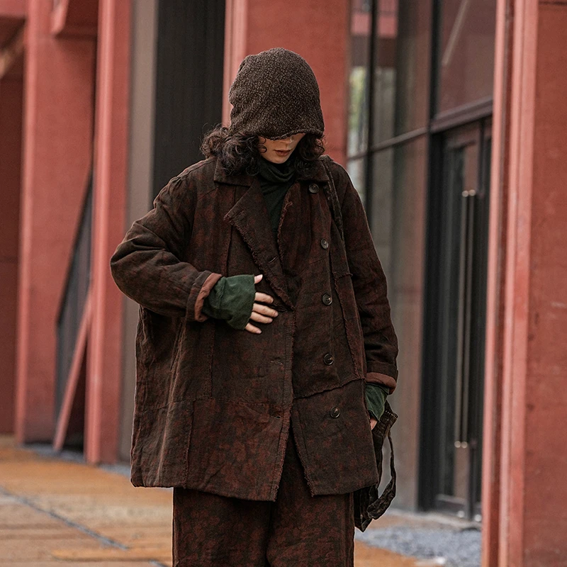 麻依者24冬款拼接印花复古做旧休闲保暖拼接棉衣#M-028