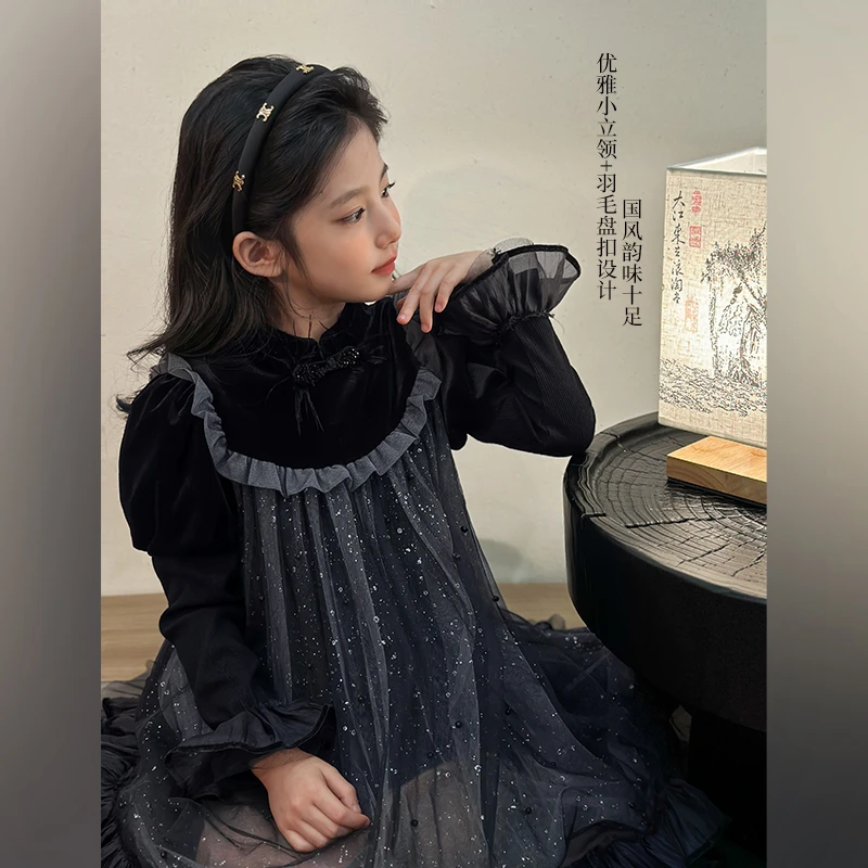 陈大猪女童 连衣裙秋冬中式国风盘扣小礼服网纱裙DMD360123-LUSON