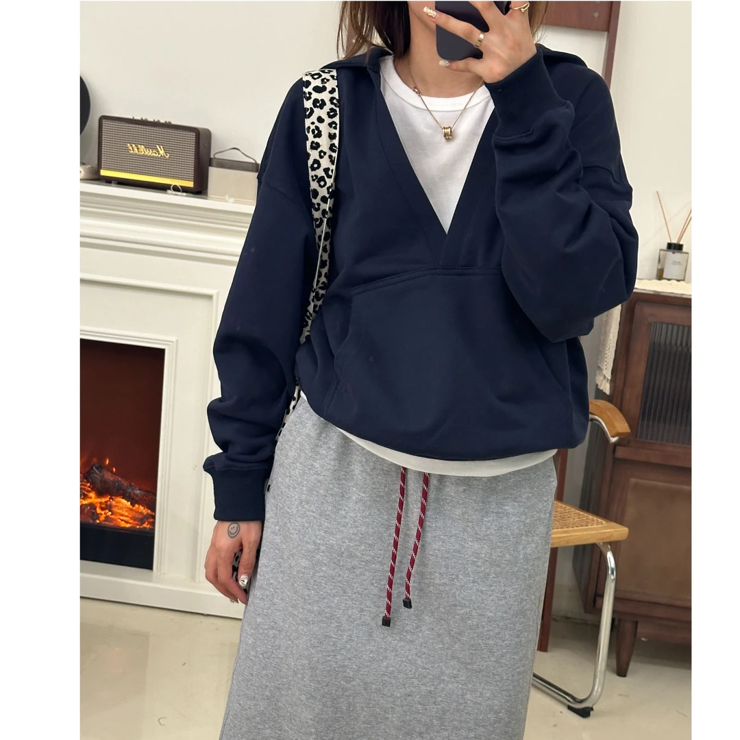 【Onai】V领氛围感减龄宽松百搭ins风连帽卫衣8812