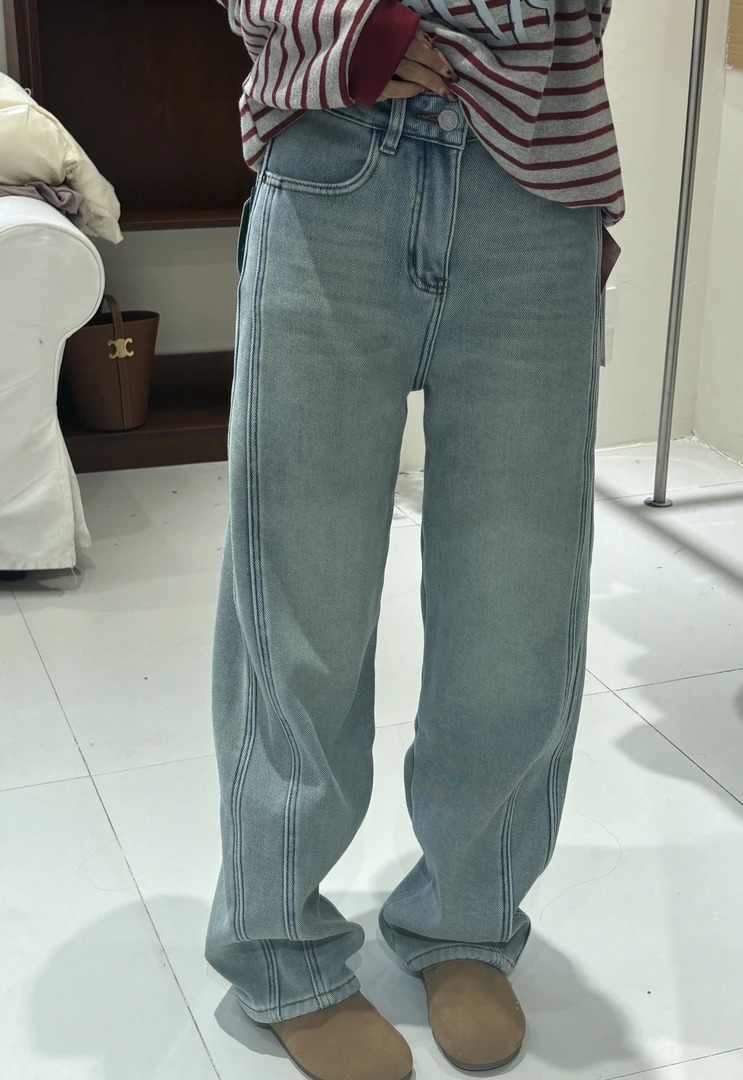 【Onai】冬季加厚新款垂感休闲百搭弯刀高腰牛仔裤8530