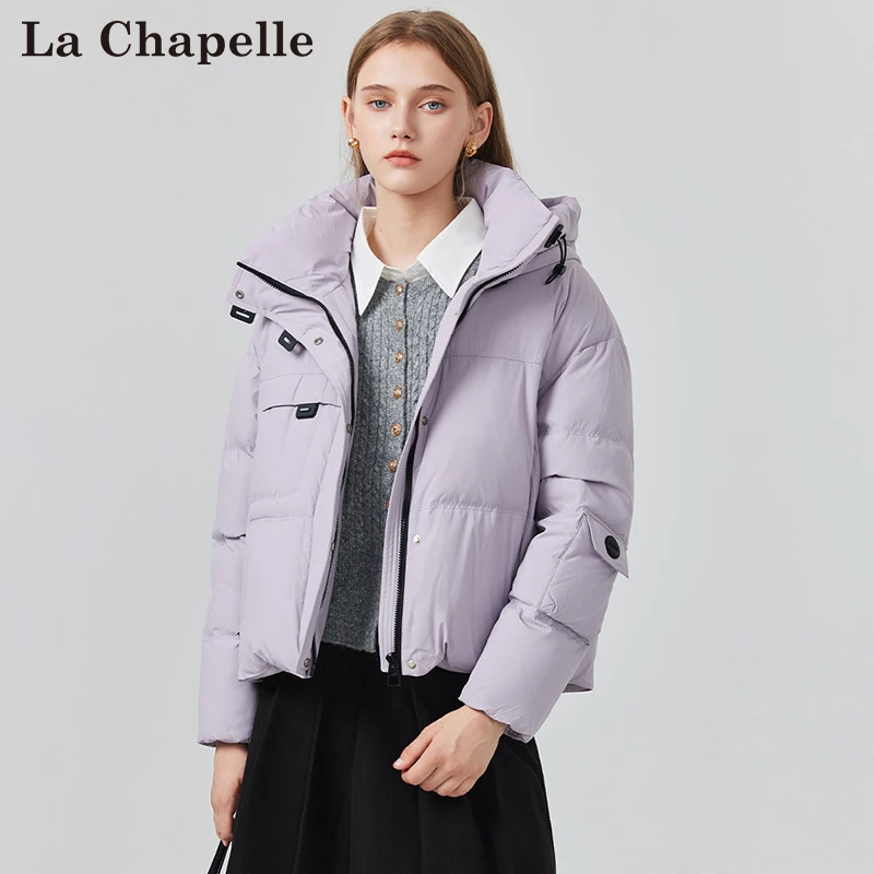 【娜扎同款】拉夏贝尔2024连帽短款羽绒服女设计感外套LA4DWYR0444