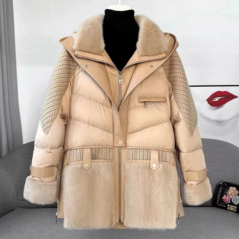 2024新款水貂毛皮长款羽绒服桑蚕丝透气鹅绒服