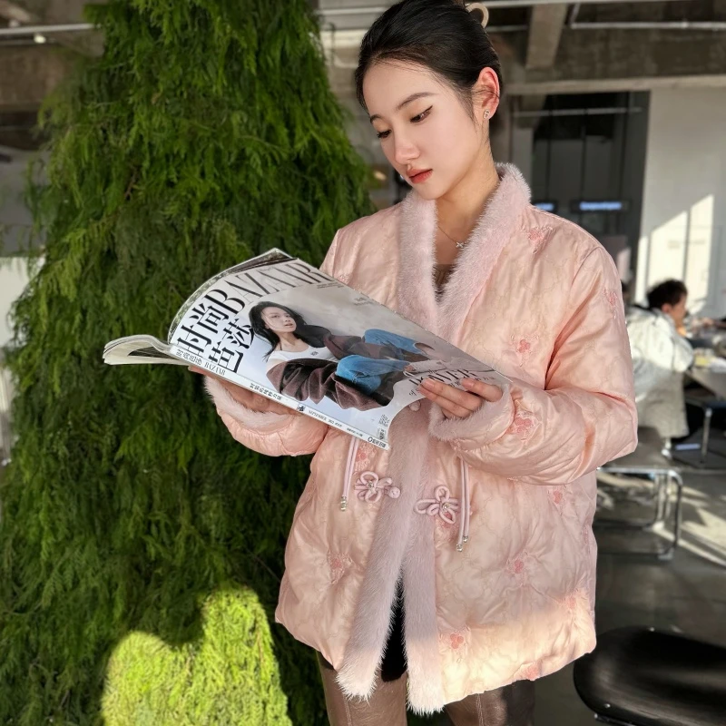 新中式水貂毛领白鹅绒羽绒服2023新款时尚中国风冬季皮草羽绒服女