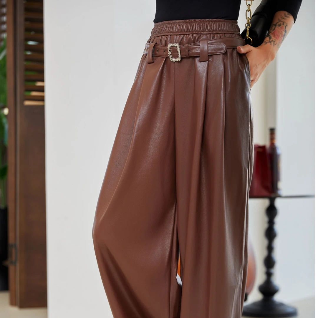 工装裤女2024春秋季新款抽绳高腰直筒窄版阔腿皮裤子