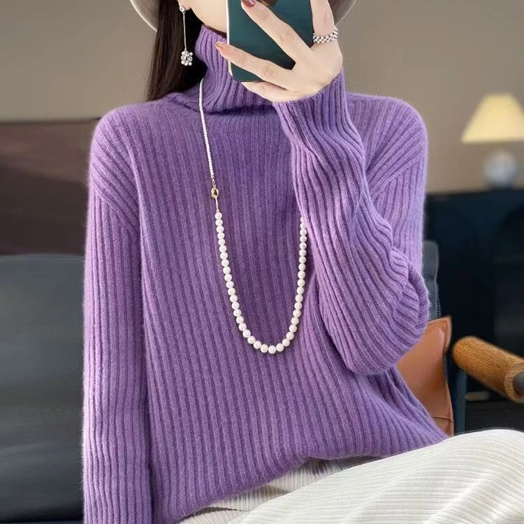 秋冬新款高领堆堆领毛衫女加厚毛衣保暖坑条打底衫宽松针织衫上衣