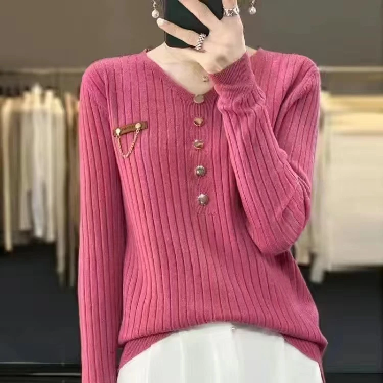 欧货2025春秋新款纽扣针织衫女时尚宽松套头V领长袖爆款打底上衣