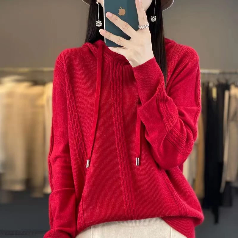 连帽套头针织卫衣女套头毛衣宽松休闲简约百搭洋气时尚帽衫上衣新