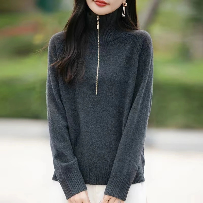 欧货高翻领半拉链针织衫女宽松秋冬款加厚软糯显瘦毛衣外穿打底衫