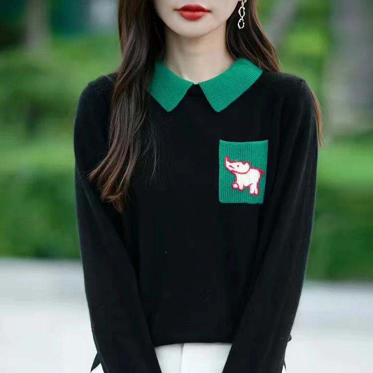 小飞象带兜假两件毛衫女POLO领毛衣宽松上衣翻领百搭针织打底衫