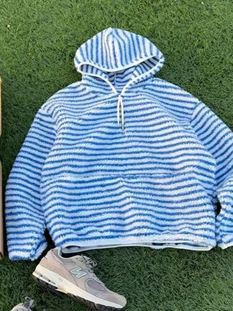 冬款颗粒绒宽松慵懒条纹半拉链连帽卫衣 长袖运动蓝色百搭复古