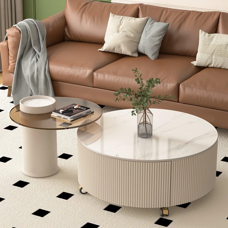 圆形岩板茶几轻奢现代客厅家用小户型带轮子可移动法式储物茶几桌