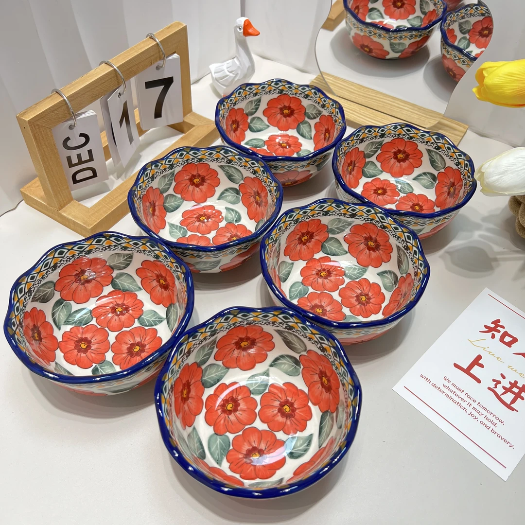 Sazaki红花 米饭碗5英寸家用大号饭碗波兰彩陶瓷手绘釉下彩高级感