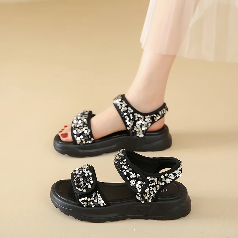 亮片罗马凉鞋女款2024年新款夏季平底沙滩鞋软底防滑运动休闲女鞋