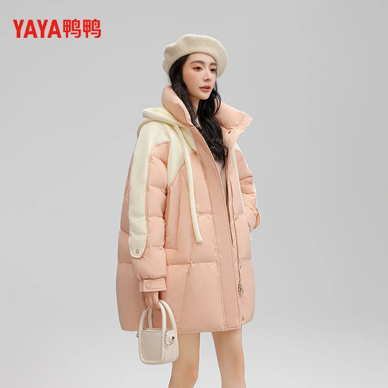 YAYA/鸭鸭时尚拼接羽绒服加厚韩版热力感连帽90绒羽绒服2301520
