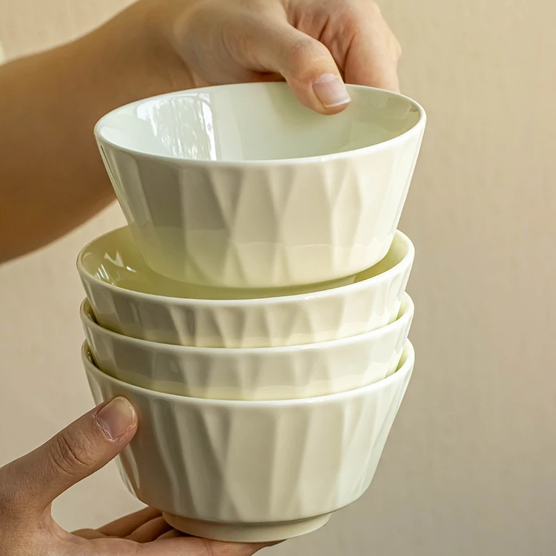 YE HOME 北欧风奶油风陶瓷一人食米饭碗纯白简约风家用竖纹小汤碗