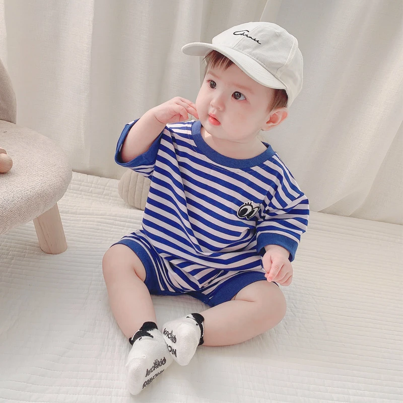 婴幼儿连体哈衣超洋气男宝宝条纹爬服新生儿夏装小童外出潮款