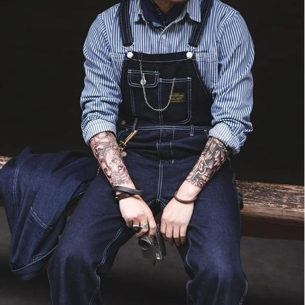 美式复古原色牛仔背带裤连体裤工人牛仔背带裤男工装裤阿美咔叽
