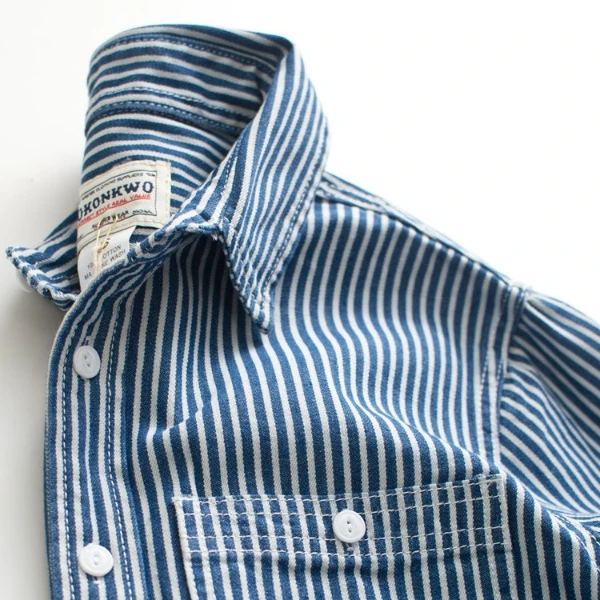 重磅美式复古阿美咔叽衬衫 日系纯棉双口袋蓝白竖条纹工装衬衫男