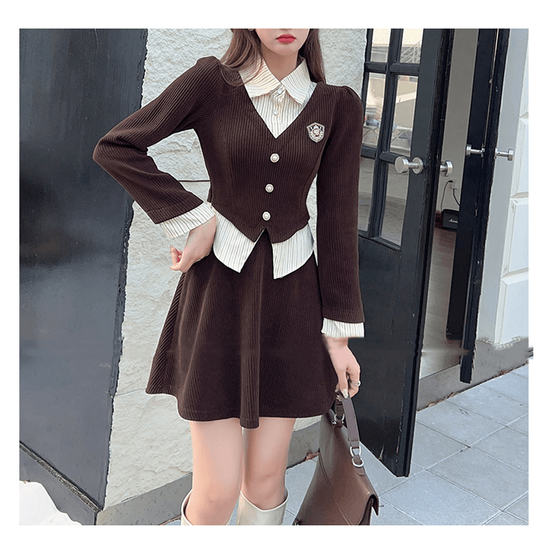 美式学院风套装裙女装春季减龄小个子jk制服衬衫短裙灯芯绒两件套