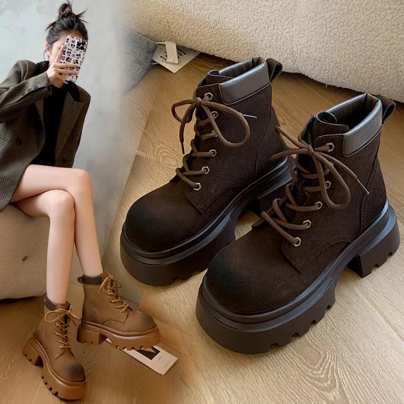 M8518冬季新款加绒二棉真皮大靴大头英伦风复古工装马丁靴