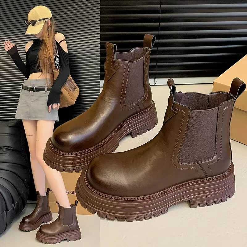 2024年秋冬新款厚底真皮百搭烟筒靴2816