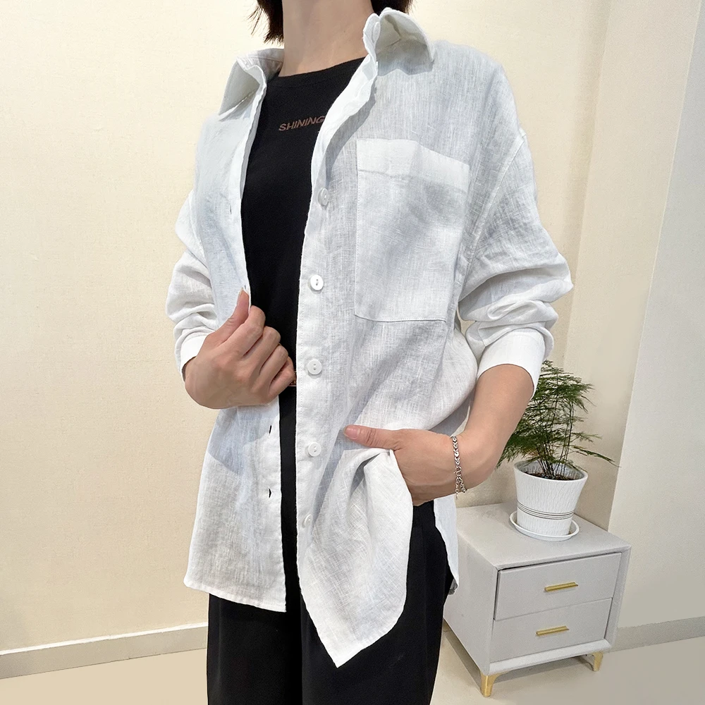 依品麻宽松亚麻显瘦长袖衬衫女防晒衫透气纯色翻领罩衫女休闲衬衣