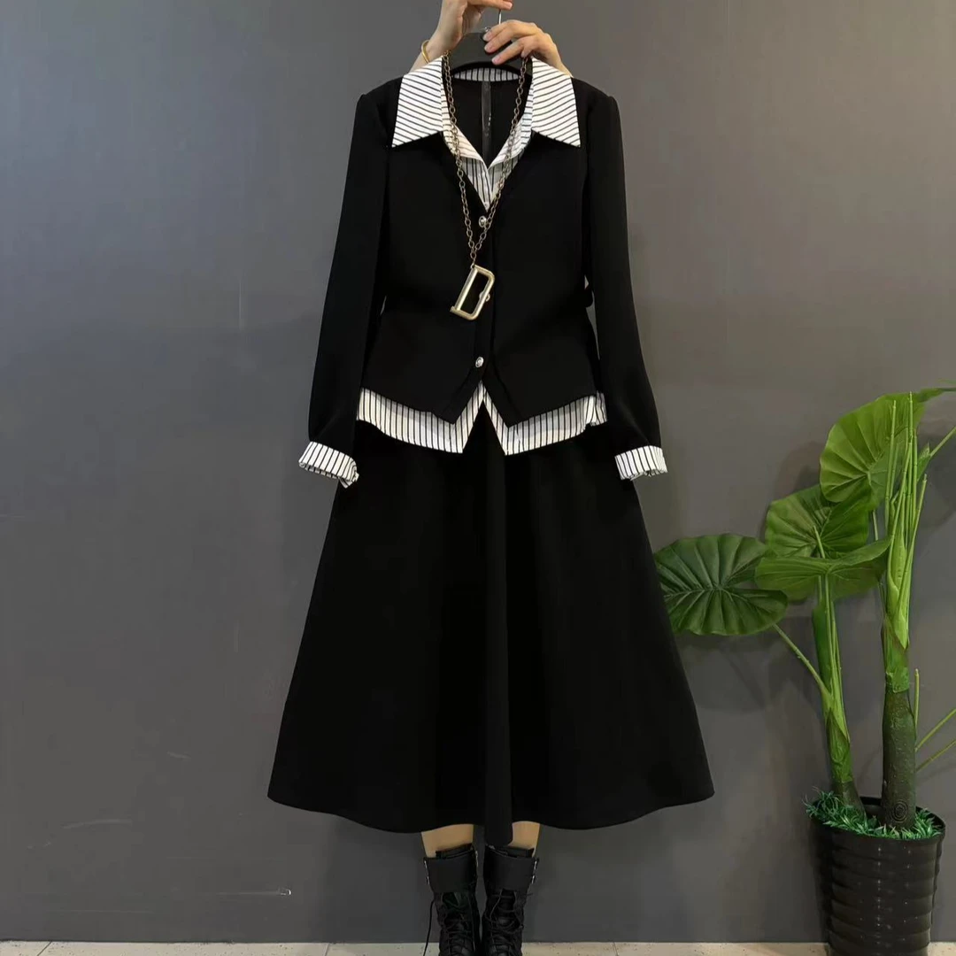 胖mm条纹拼接假两件上衣裙子显瘦两件套