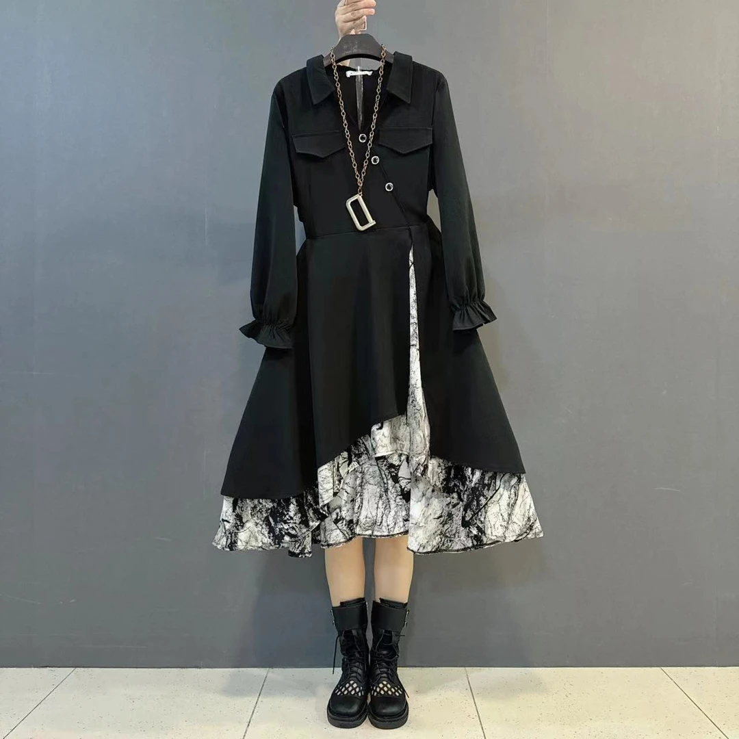 胖mm气质翻领不规则显瘦连衣裙