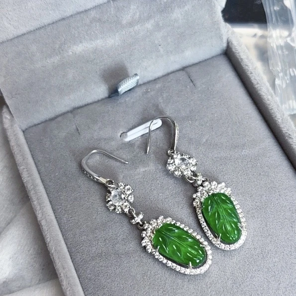 天然翡翠A货叶子耳坠气质镶嵌百搭