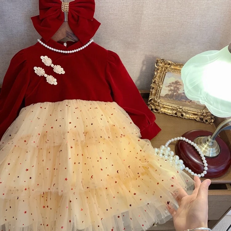 韩版套装冬季女童丝绒连衣裙新款宝宝蓬蓬裙加绒花边长袖公主裙