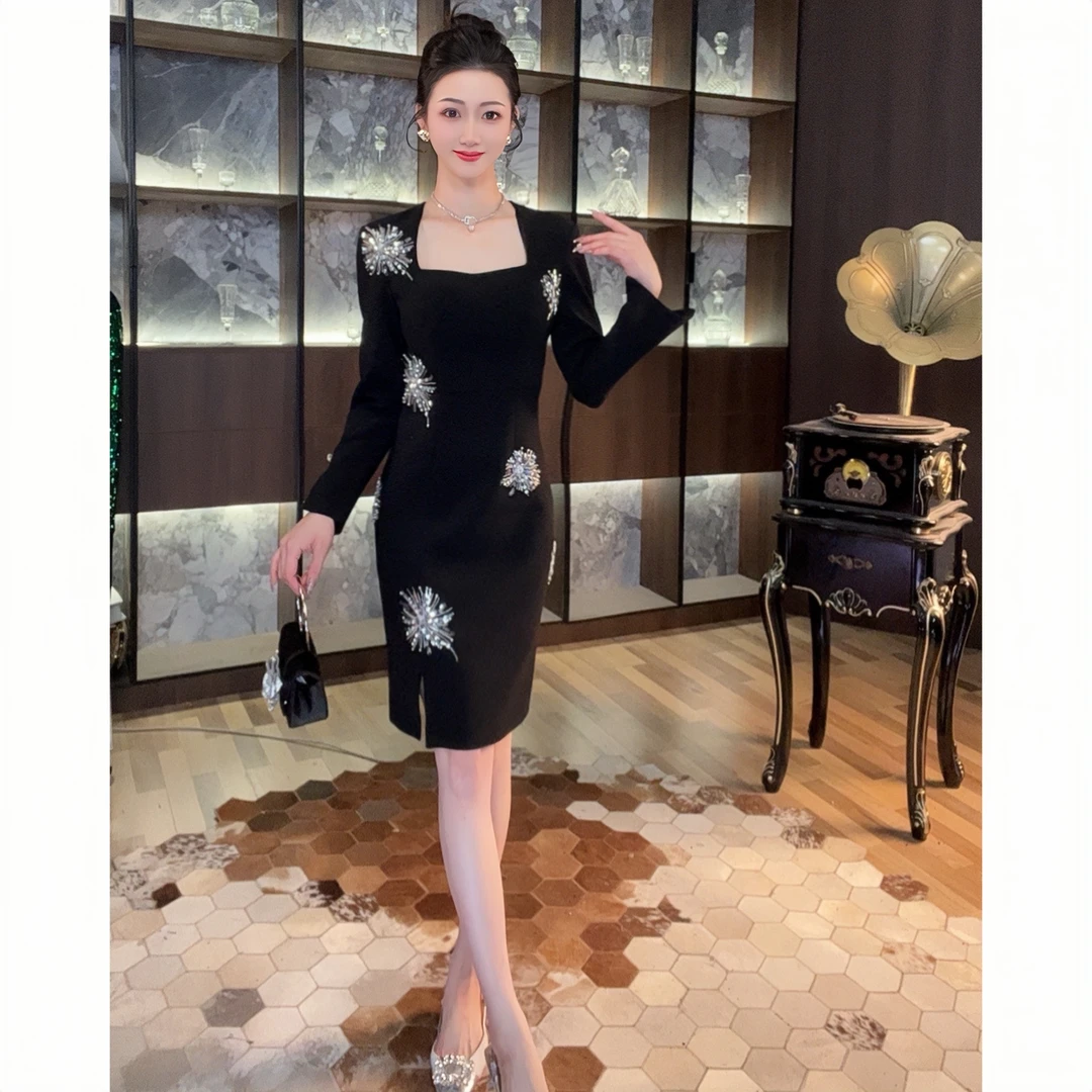 50705时尚修身简约气质少女轻奢长袖复古收腰优雅名媛宴会连衣裙