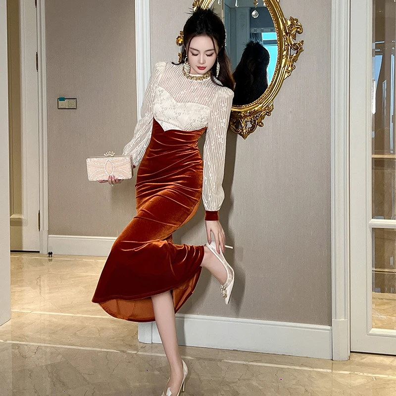 21541显瘦气质长袖时尚复古修身包臀名媛法式长款秋冬名媛连衣裙