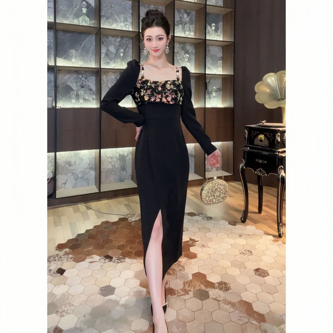 91385显瘦气质长袖轻奢黑色法式开叉收腰时尚修身名媛宴会连衣裙