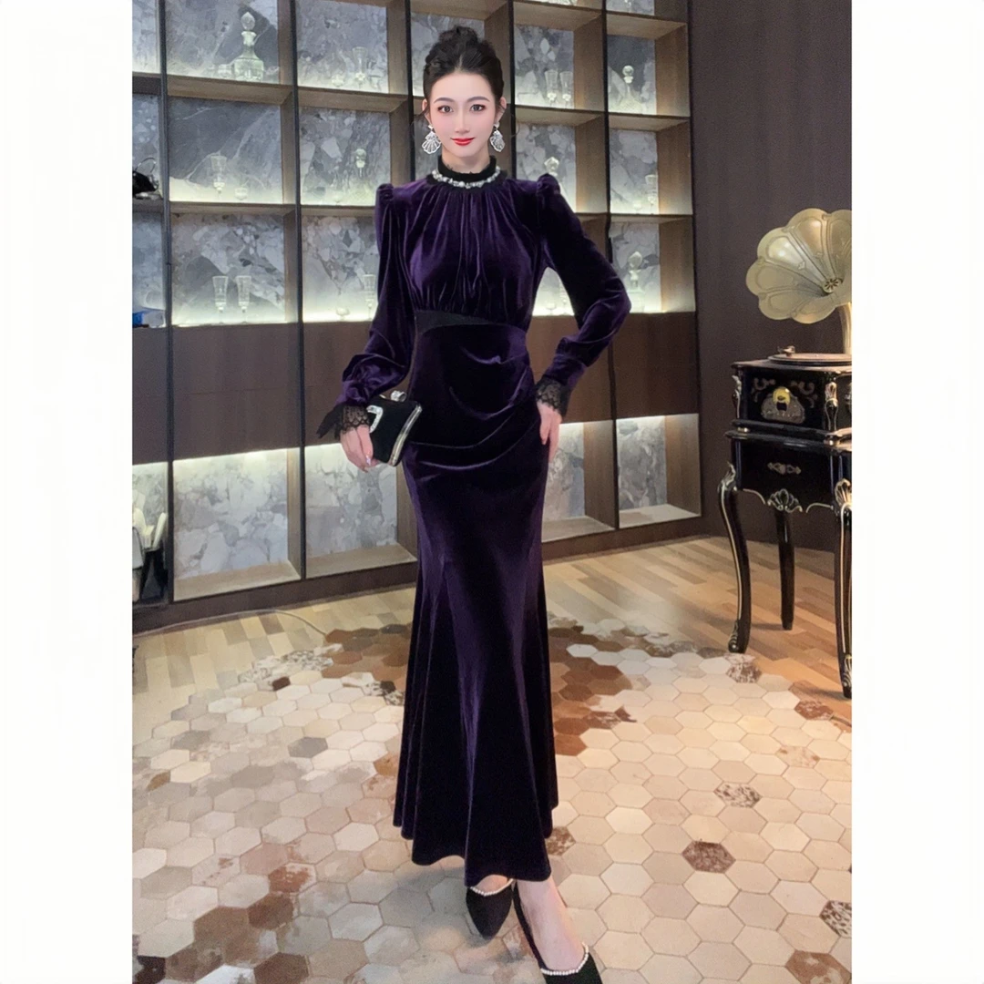 45046显瘦气质长袖复古法式修身名媛秋冬轻奢时尚长款收腰连衣裙